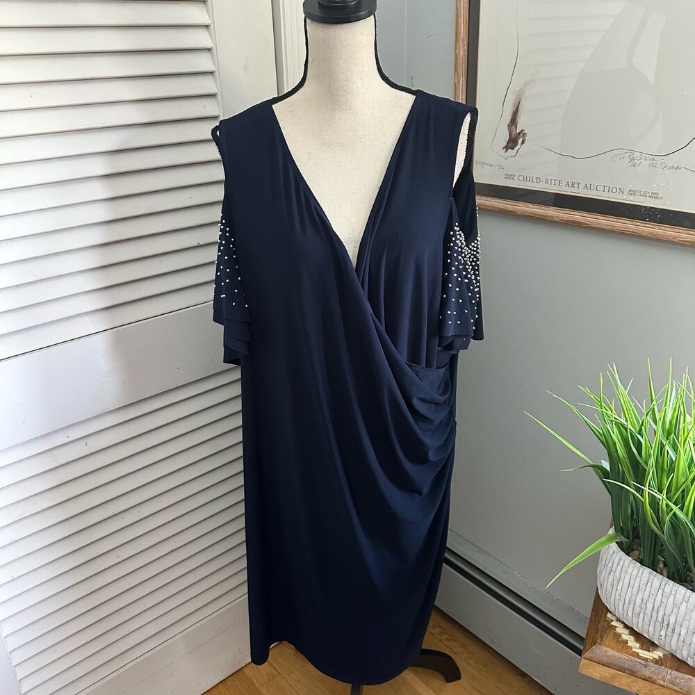 MSK Dress 3X Navy Faux Wrap Rhinestone Cold Shoulder Slinky Cocktail Evening